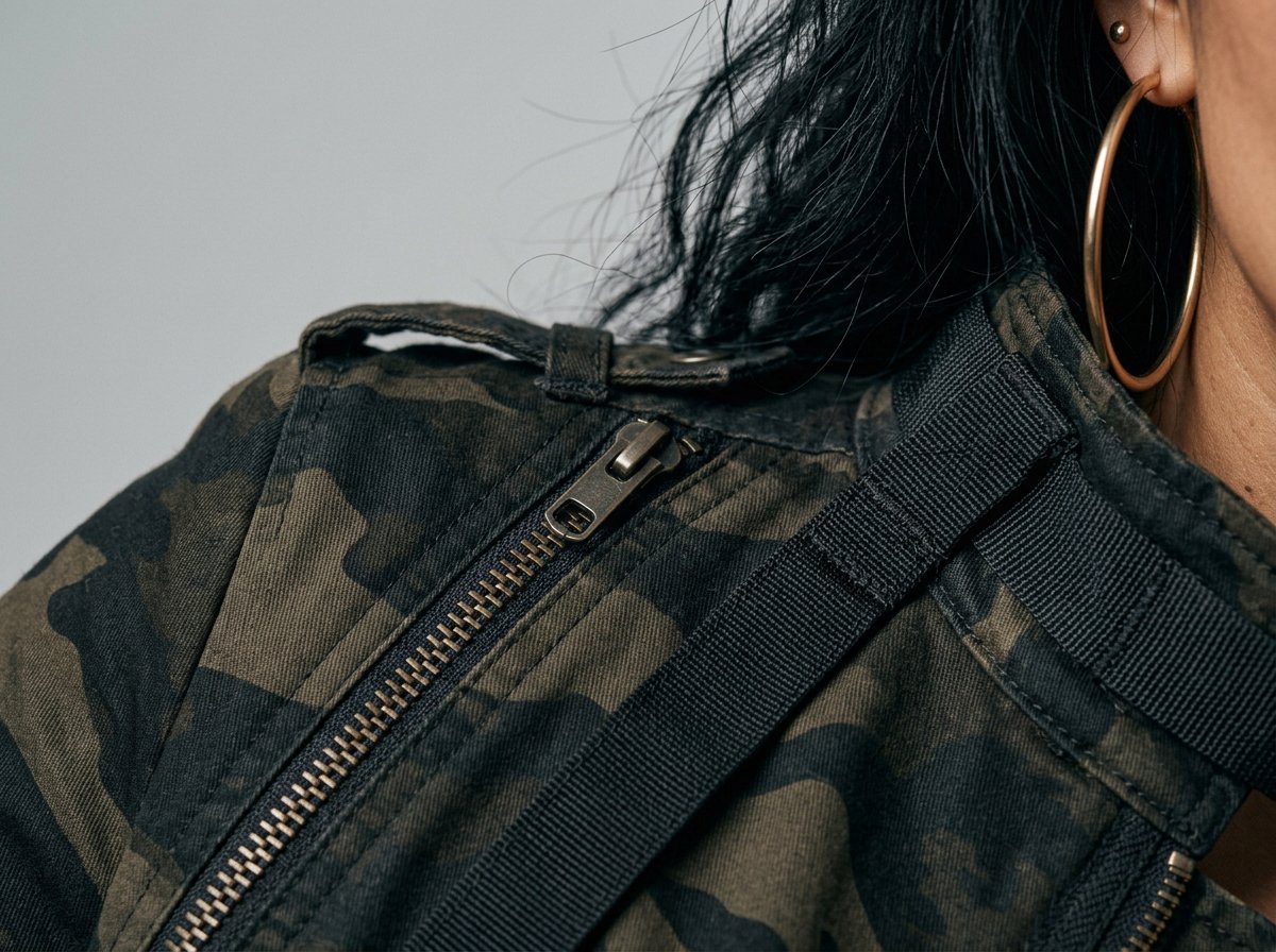 Close-up tekstur, zipper, dan webbing jaket kamuflase