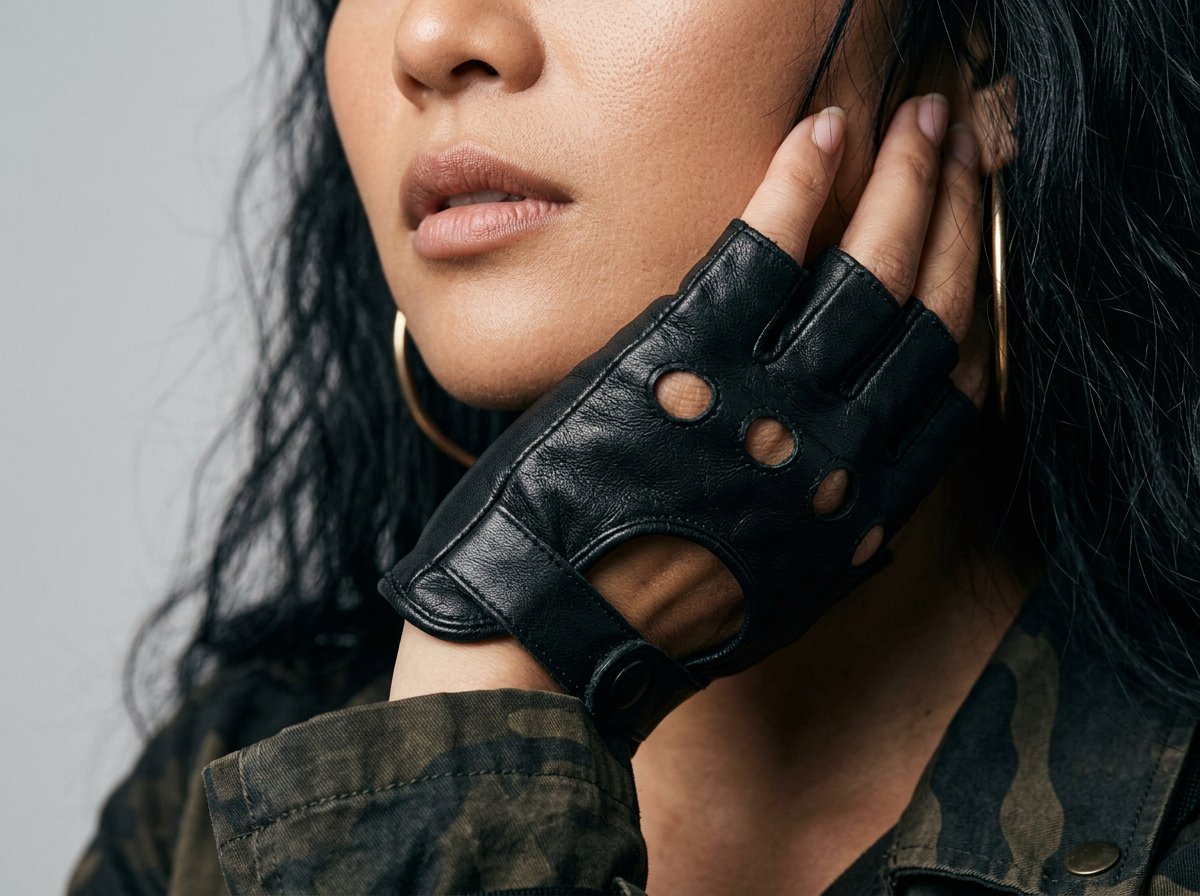 Close-up sarung tangan kulit dan gesture model