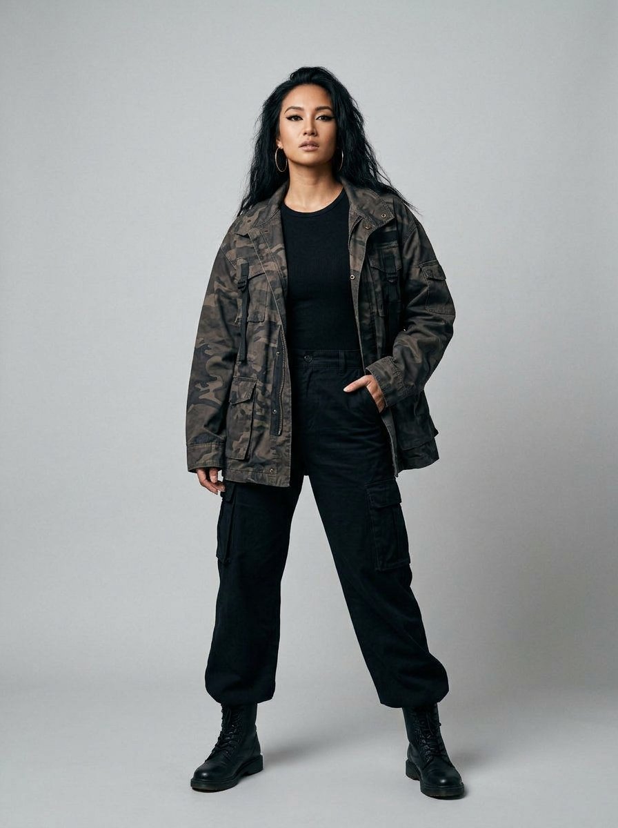 Look pertama, full-body utility styling