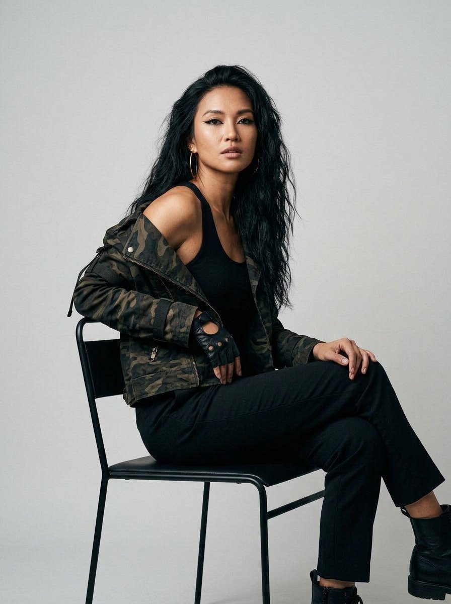 Look ketiga, pose editorial duduk