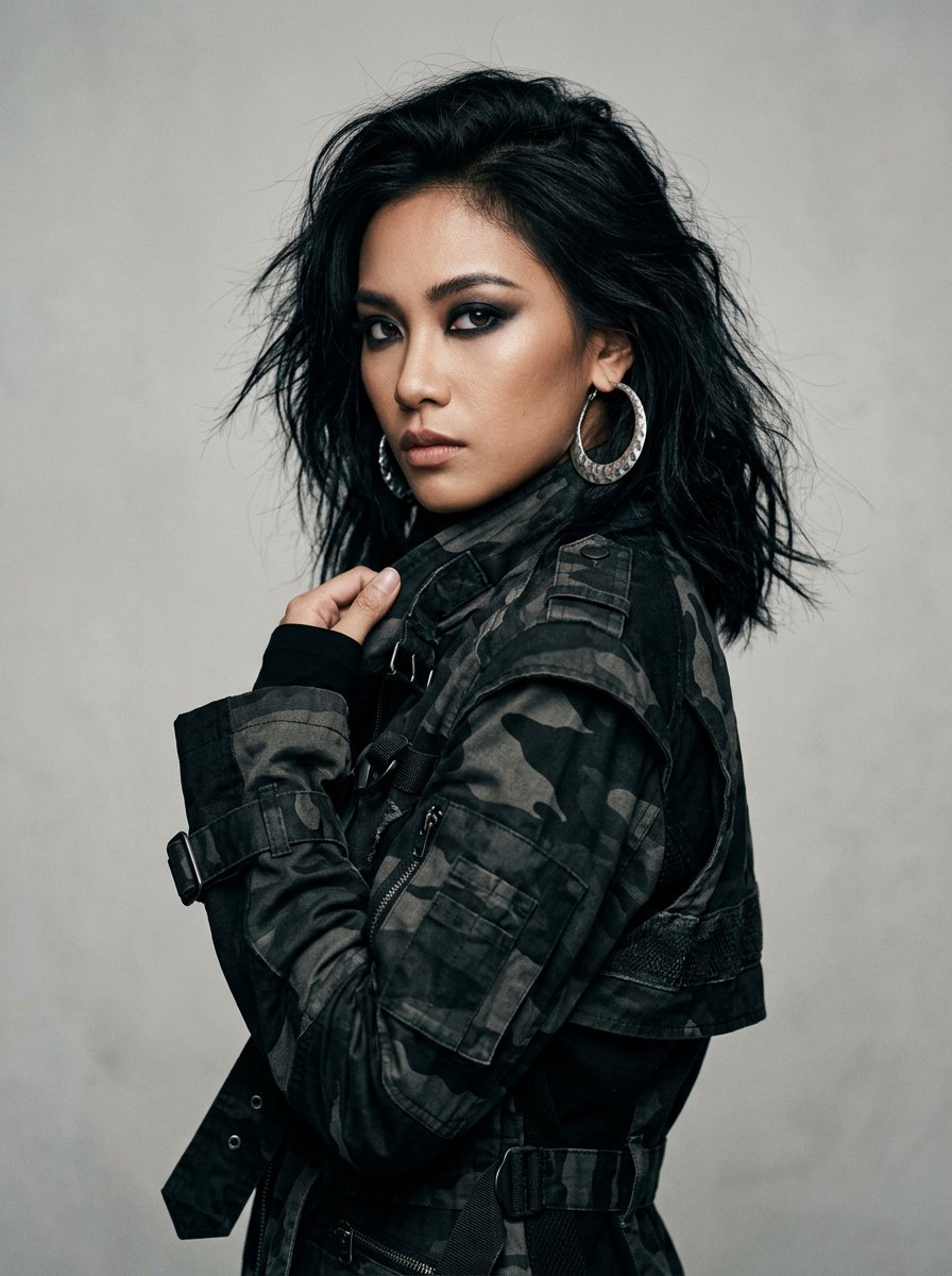 Model fashion dalam jaket kamuflase